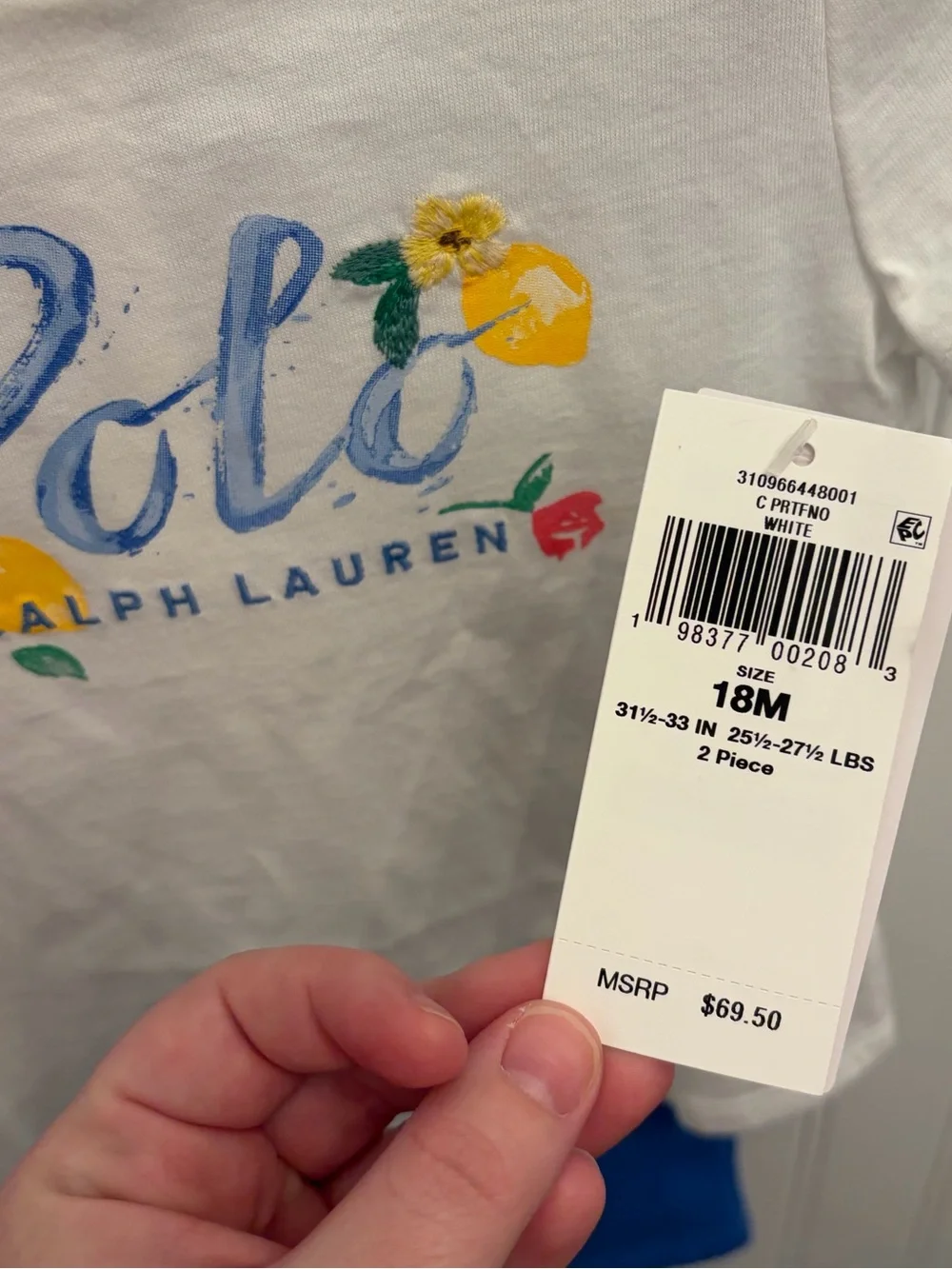 Ralph Lauren White Tee with Blue Script & Floral Accents & Blue Pants